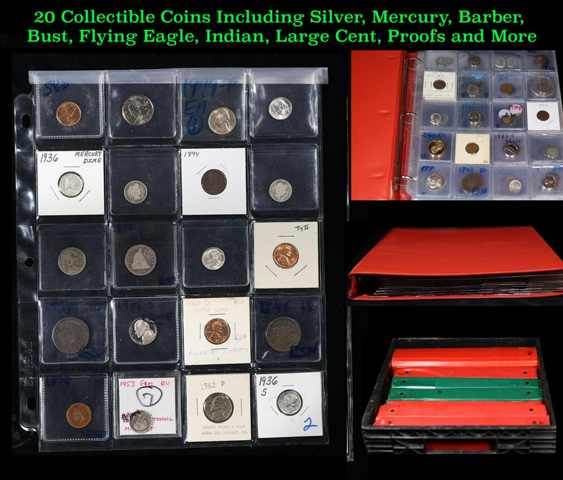 20 Collectible Coins Including Silver, Mercury, Barber, Bust, Flying Eagle, Indian, Large Cent, (1 of 9)