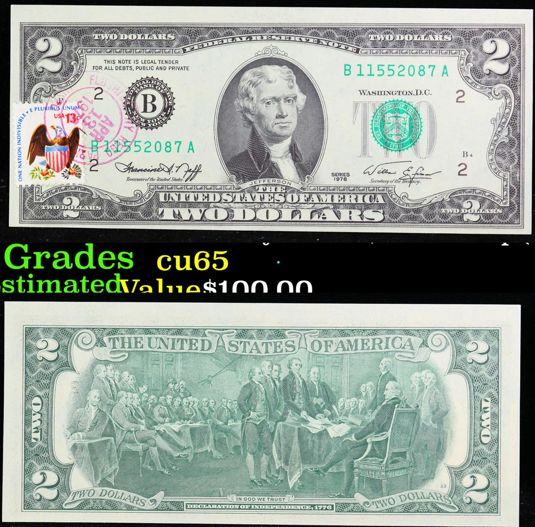 1976 $2 Federal Reserve Note 1st Day of Issue, with Stamp (New York, NY) Grades Gem CU (1 of 3)