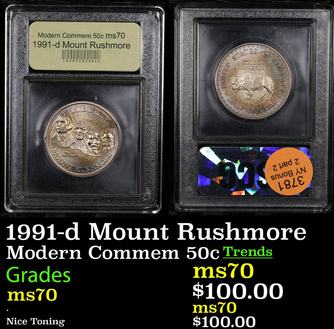 1991-d Mount Rushmore Modern Commem Half Dollar 50c Graded ms70, Perfection By USCG (1 of 3)