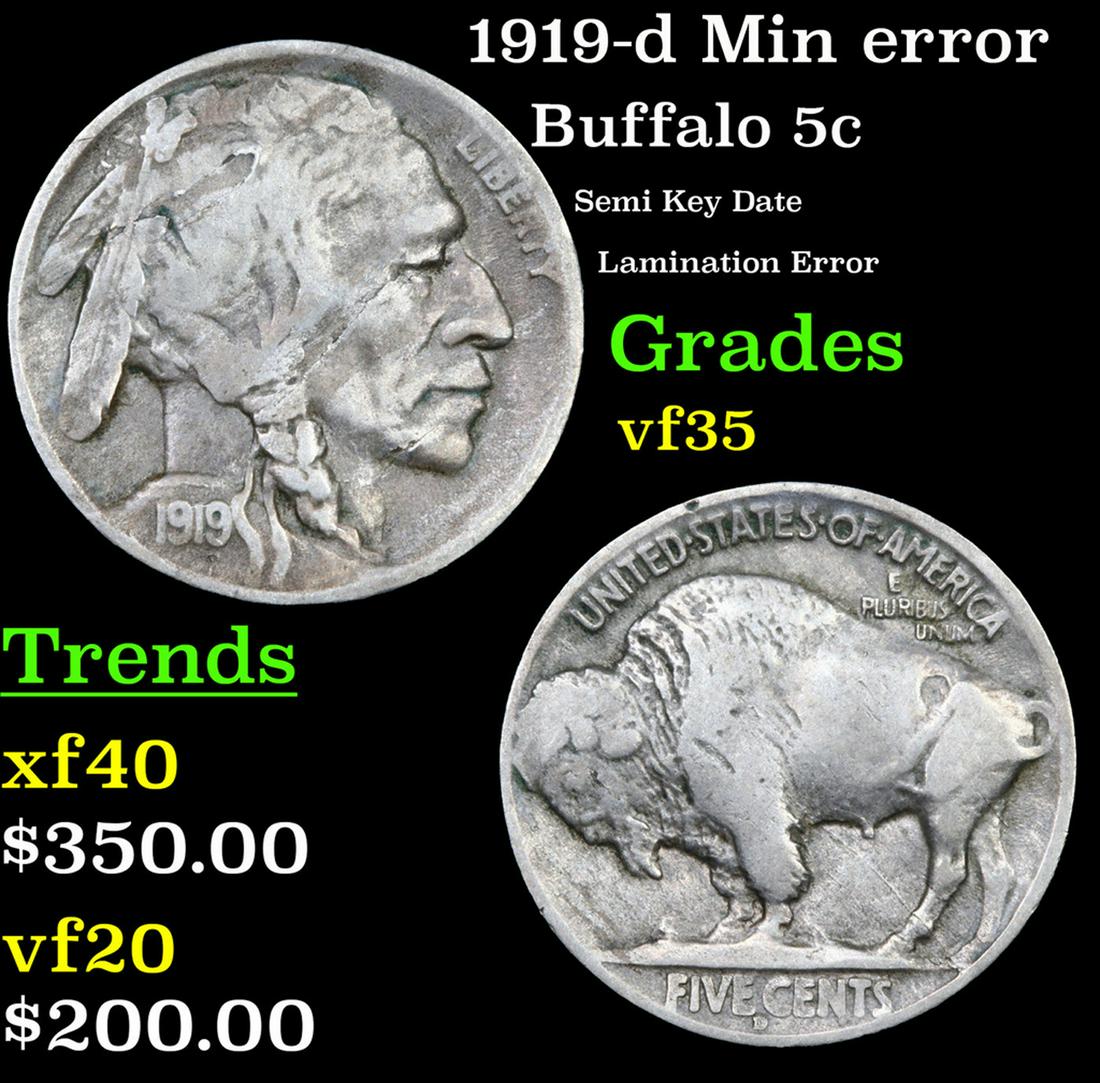 1919-d Buffalo Nickel Mint Error 5c Grades vf++: 1919-d Mint Error Buffalo Nickel 5c Grades vf++. A Corey's Pick