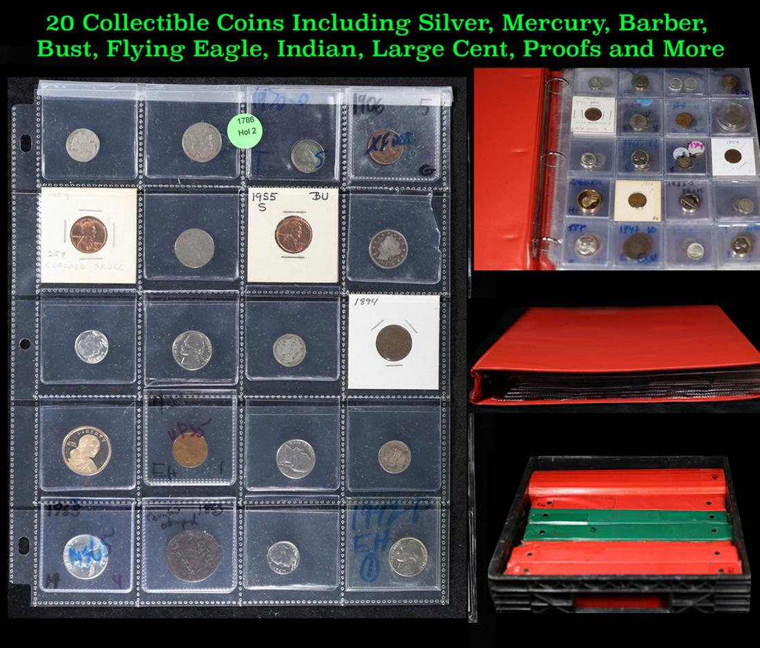 20 Collectible Coins Including Silver, Mercury, Barber, Bust, Flying Eagle, Indian, Large Cent, (1 of 9)