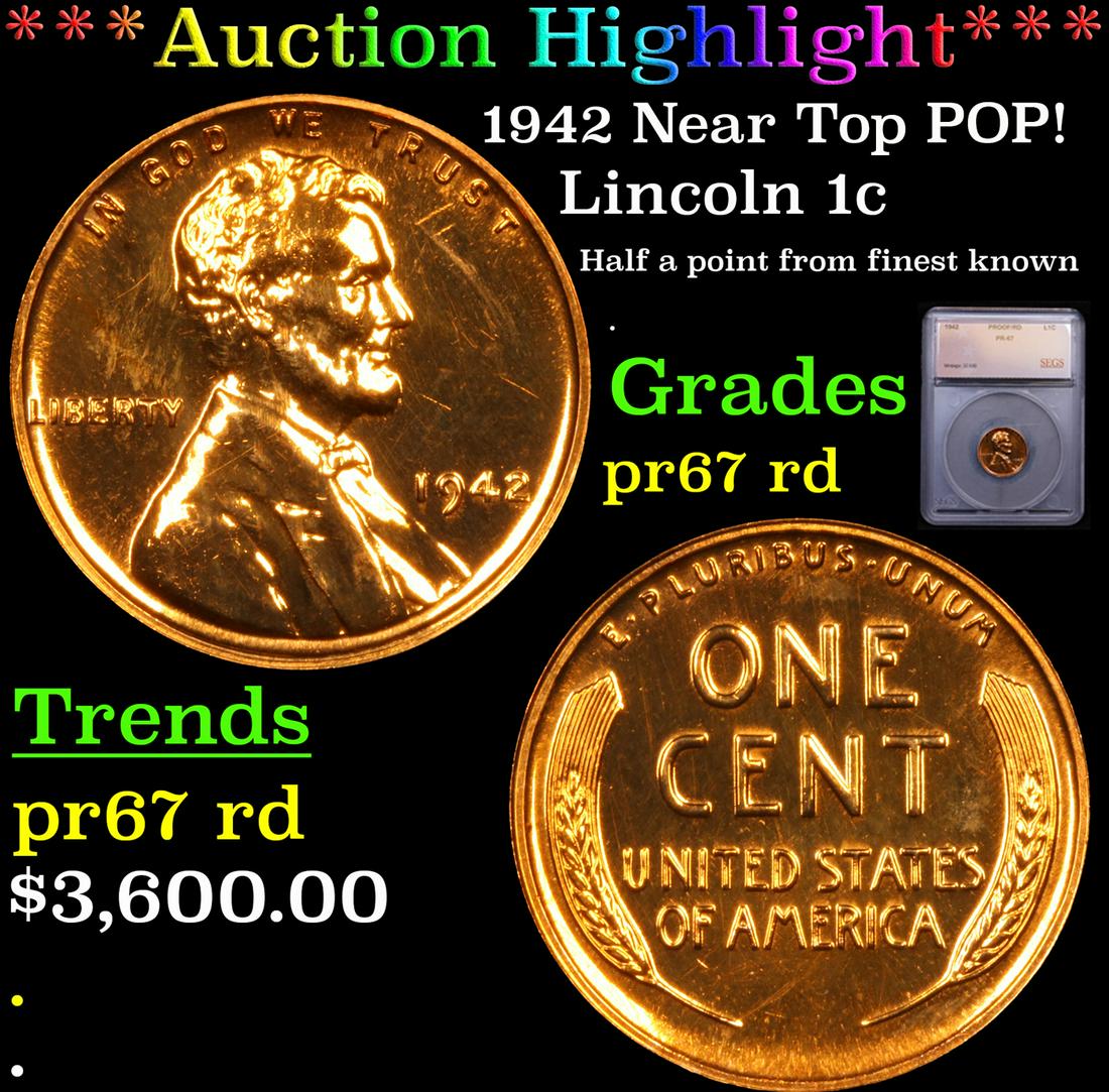 Proof ***Auction Highlight*** 1942 Lincoln Cent Near Top POP! 1c Graded pr67 rd By SEGS (fc) (1 of 5)