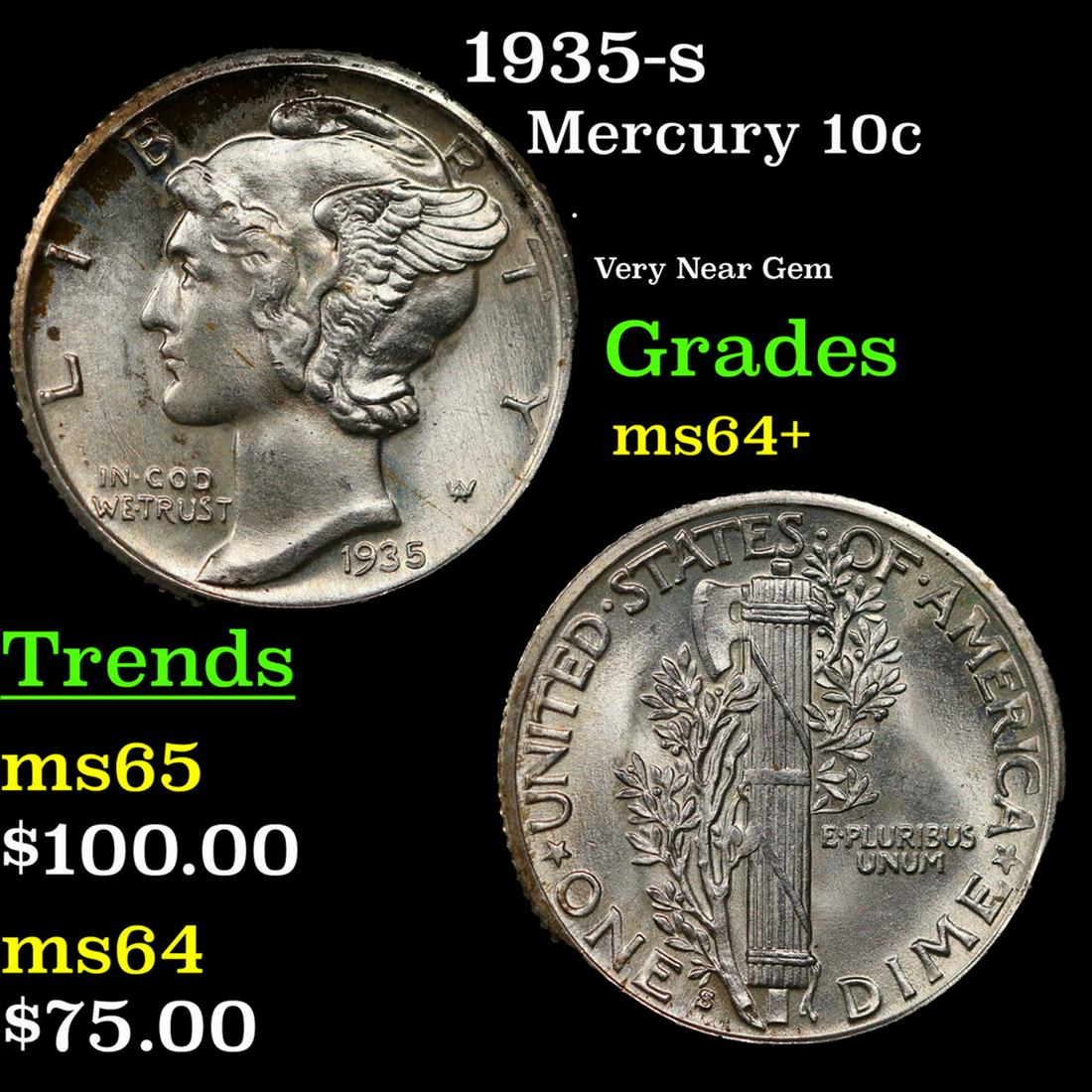 1935-s Mercury Dime 10c Grades Choice+ Unc (1 of 3)
