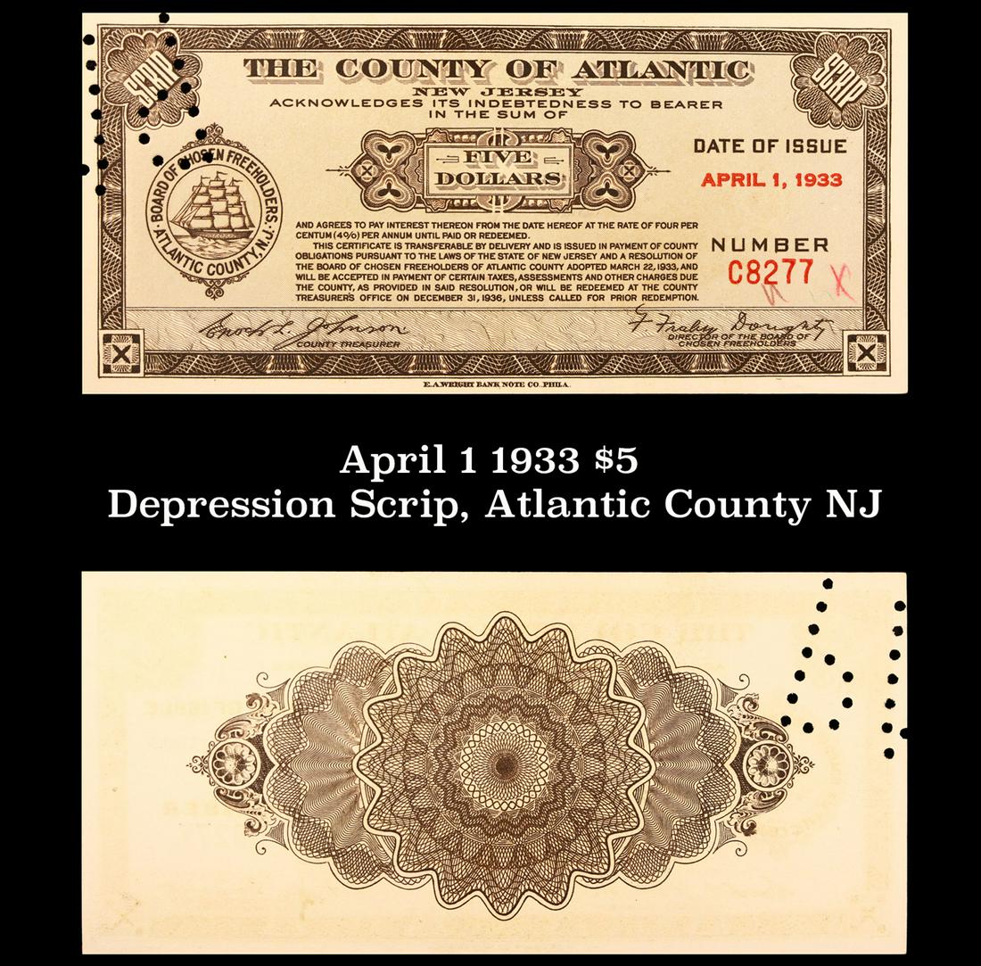 April 1 1933 $5 Depression Scrip, Atlantic County NJ Grades NG (1 of 3)
