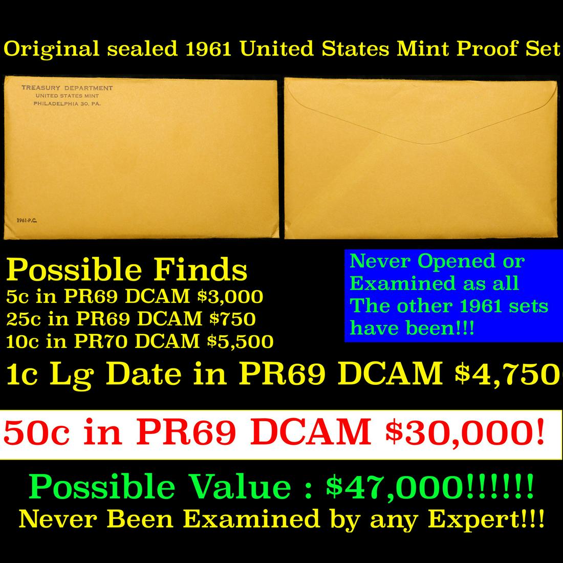 Original sealed 1961 United States Mint Proof Set! 5 Coins Inside! (1 of 3)