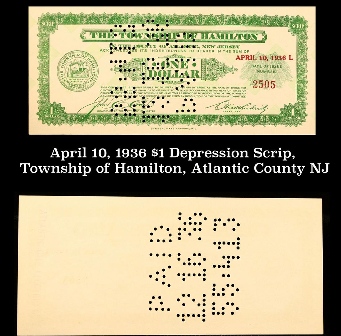 April 10, 1936 $1 Depression Scrip, Township of Hamilton, Atlantic County NJ Grades NG: April 10, 1936 $1 Depression Scrip, Township of Hamilton, Atlantic County NJ Grades NG. Depression scrip was a product of the Great Depression, a result of rampant bank closures and civilian bank runs