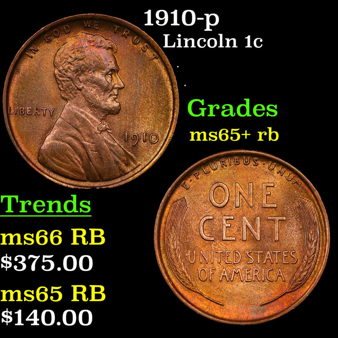 1910-p Lincoln Cent 1c Grades Gem+ Unc RB (1 of 3)