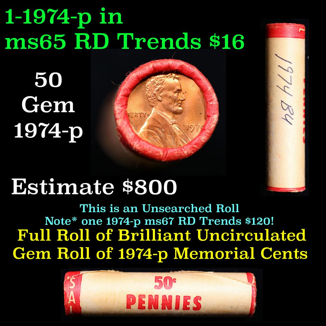 Shotgun Lincoln 1c roll, 1974-p 50 pcs Wrapper.: Shotgun Lincoln 1c roll, 1974-p 50 pcs Wrapper.. A terrific Shotgun roll of Lincoln cents. Most if not all coin should be cherry red. Trends ms65 rd $18