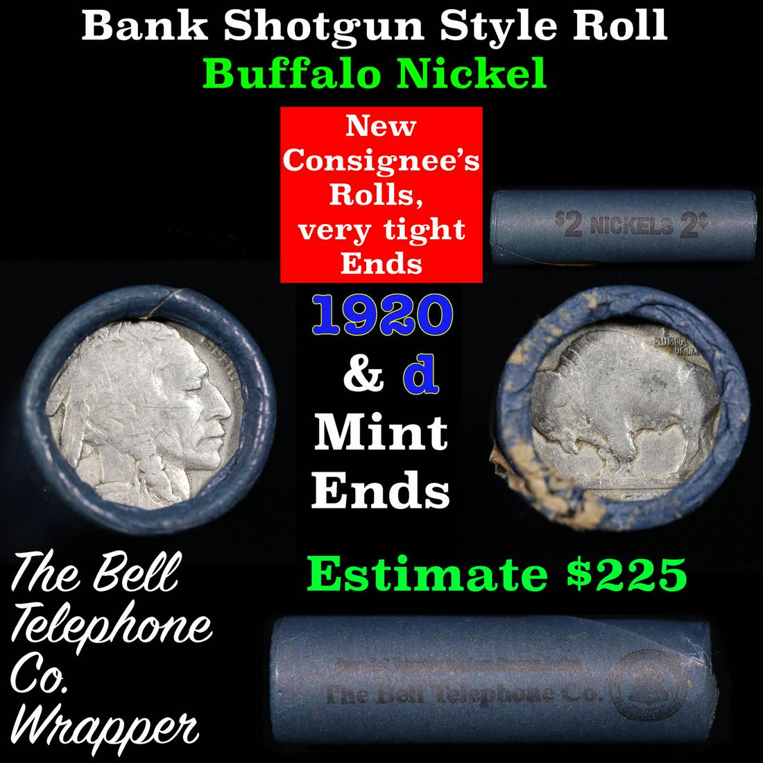 Buffalo Nickel Shotgun Roll in Old Bank Style 'Bell Telephone' Wrapper 1920 &d Mint Ends: Buffalo Nickel Shotgun Roll in Old Bank Style 'Bell Telephone' Wrapper 1920 &d Mint Ends.