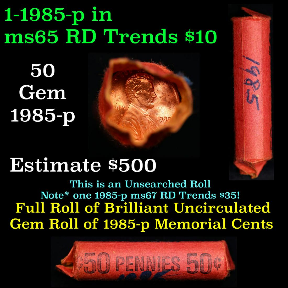 Shotgun Lincoln 1c roll, 1985-p 50 pcs Wrapper.: Shotgun Lincoln 1c roll, 1985-p 50 pcs Wrapper.. A terrific Shotgun roll of Lincoln cents. Most if not all coin should be cherry red. Trends ms65 rd $10