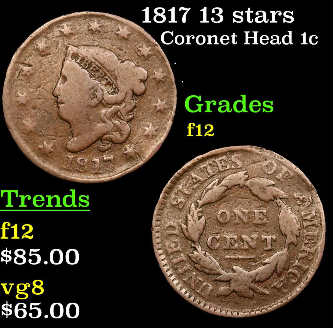 1817 13 stars Coronet Head Large Cent 1c Grades f, fine (1 of 3)