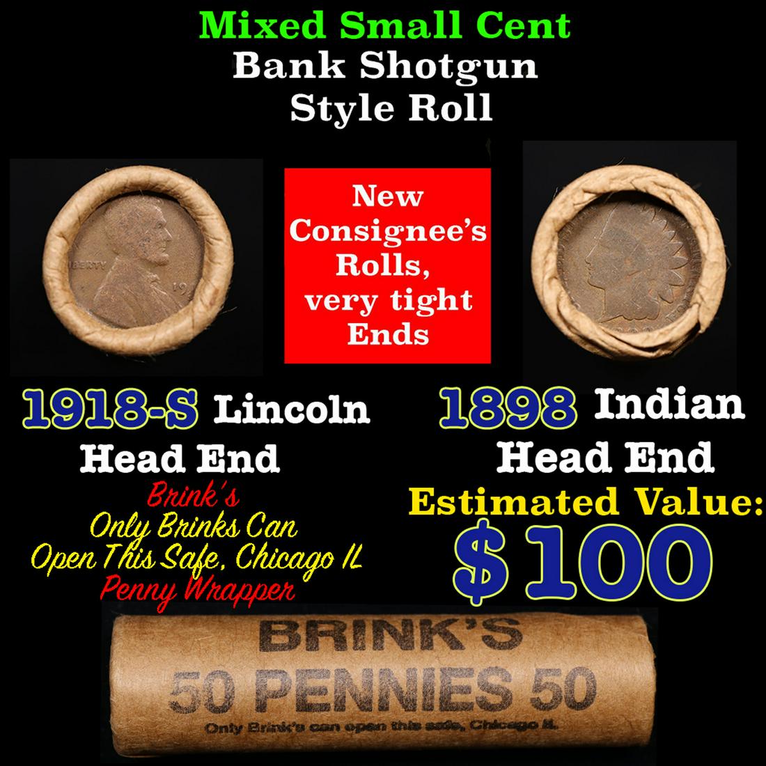 Mixed small cents 1c orig shotgun roll, 1918-s Wheat Cent, 1898 Indian Cent other end, Brinks (1 of 3)