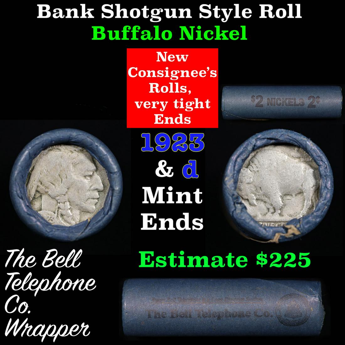 Buffalo Nickel Shotgun Roll in Old Bank Style 'Bell Telephone' Wrapper 1923 &d Mint Ends: Buffalo Nickel Shotgun Roll in Old Bank Style 'Bell Telephone' Wrapper 1923 &d Mint Ends.