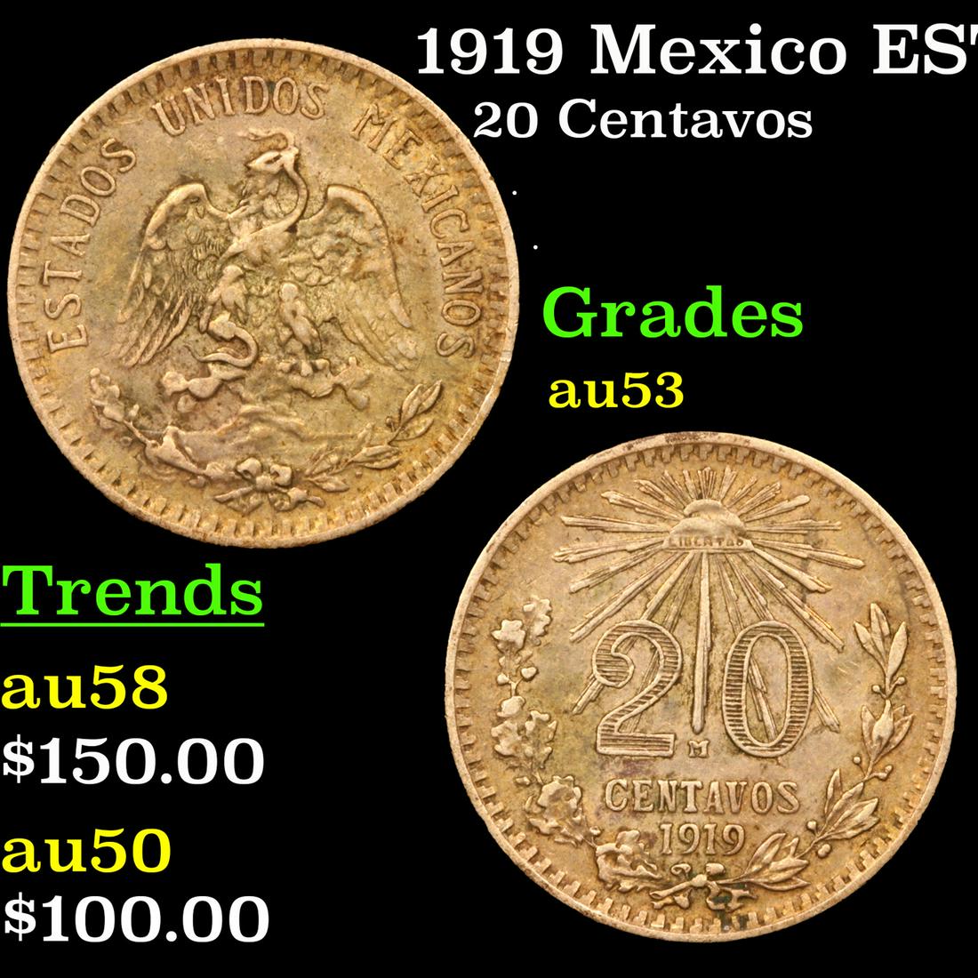 1919 Mexico ESTADOS UNIDOS MEXICANOS 20 Centavos KM-436 Grades Select AU (1 of 3)