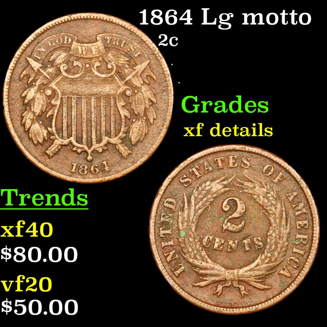 1864 Lg motto Two Cent Piece 2c Grades xf details (1 of 3)