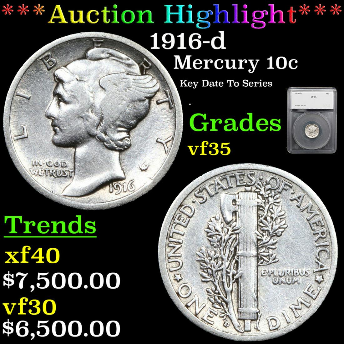 ***Auction Highlight*** 1916-d Mercury Dime 10c Graded vf35 By SEGS (fc) (1 of 5)