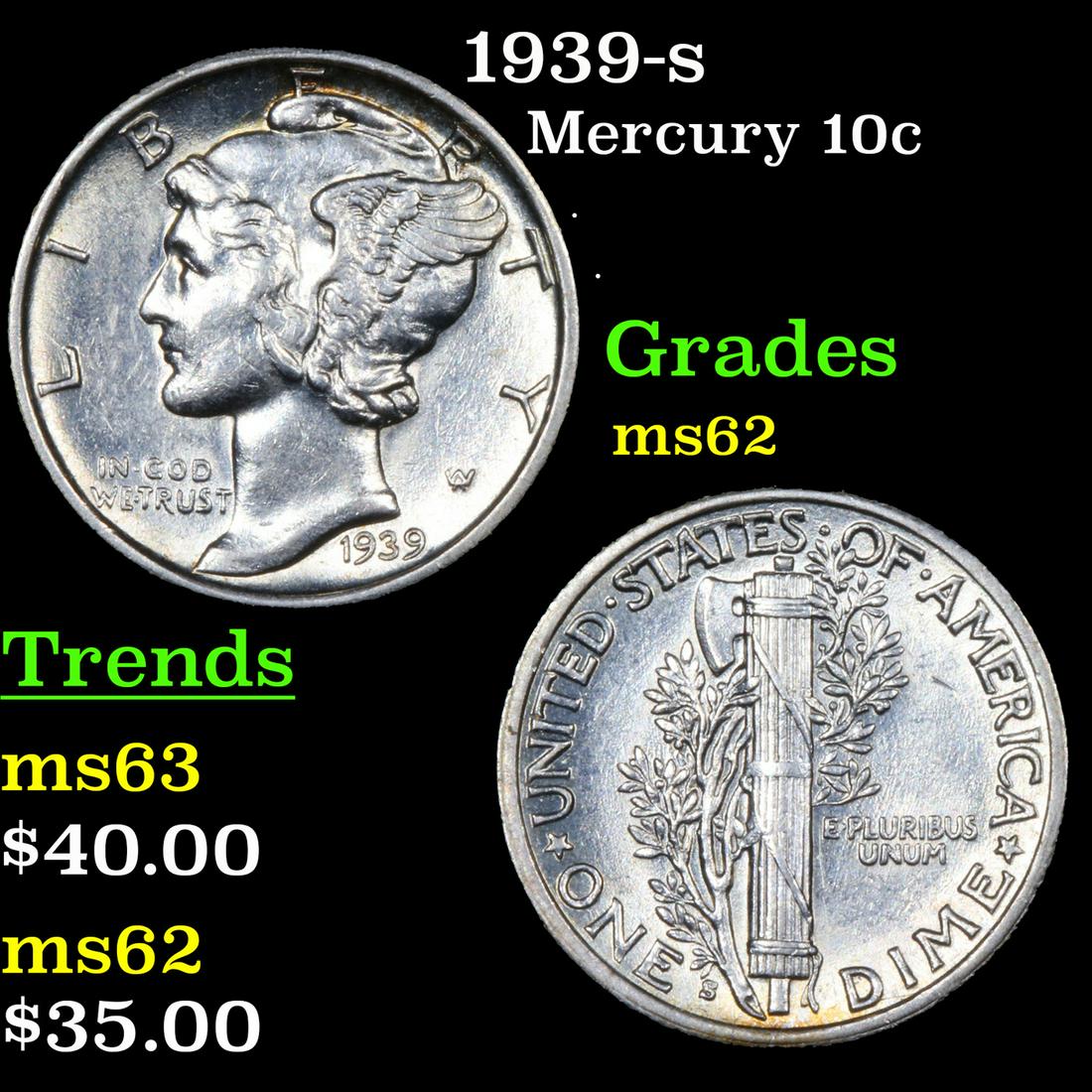 1939-s Mercury Dime 10c Grades Select Unc (1 of 3)