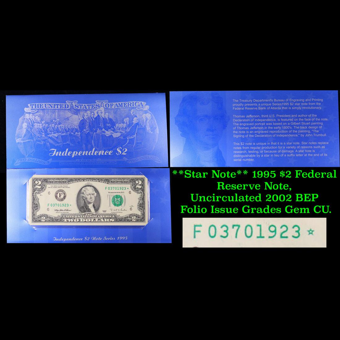 **Star Note** 1995 $2 Federal Reserve Note, Uncirculated 2002 BEP Folio Issue Grades Gem CU (1 of 4)