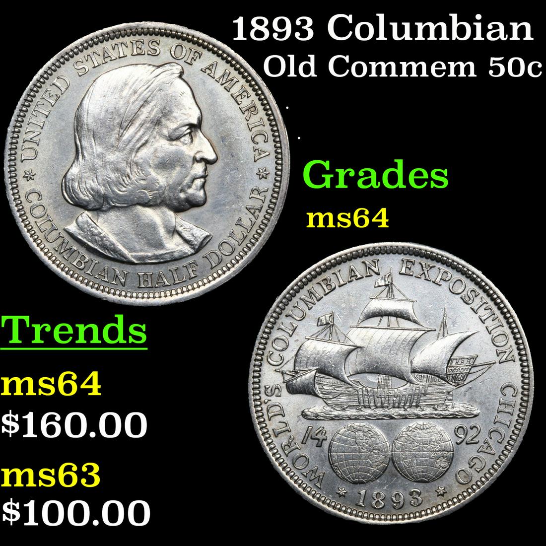 1893 Columbian Old Commem Half Dollar 50c Grades Choice Unc (1 of 3)