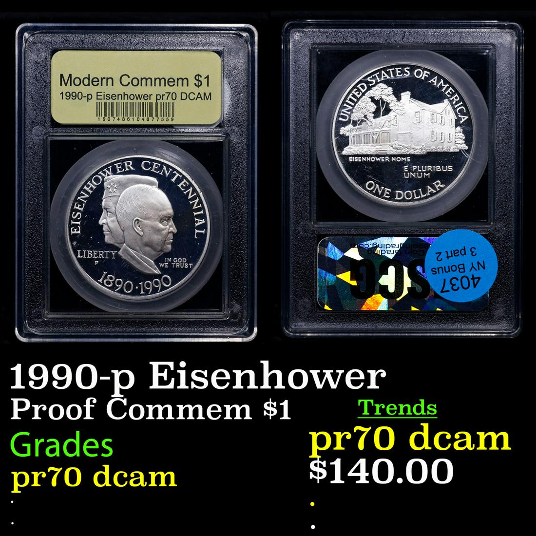 Proof 1990-p Eisenhower Modern Commem Dollar $1 Graded GEM++ Proof Deep Cameo BY USCG (1 of 3)
