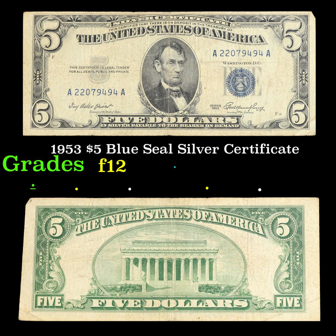 1953 $5 Blue Seal Silver Certificate Grades f, fine (1 of 3)