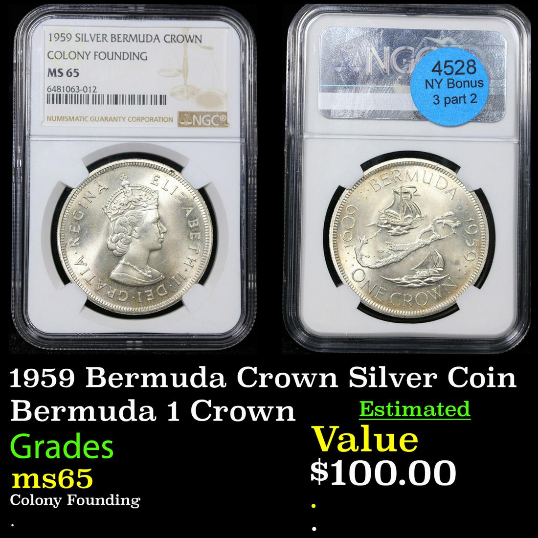 NGC 1959 Bermuda Crown Silver Coin Graded ms65 By NGC (1 of 3)