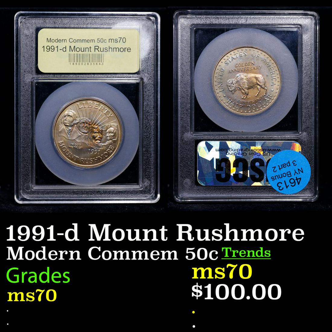 1991-d Mount Rushmore Modern Commem Half Dollar 50c Graded ms70, Perfection BY USCG (1 of 3)