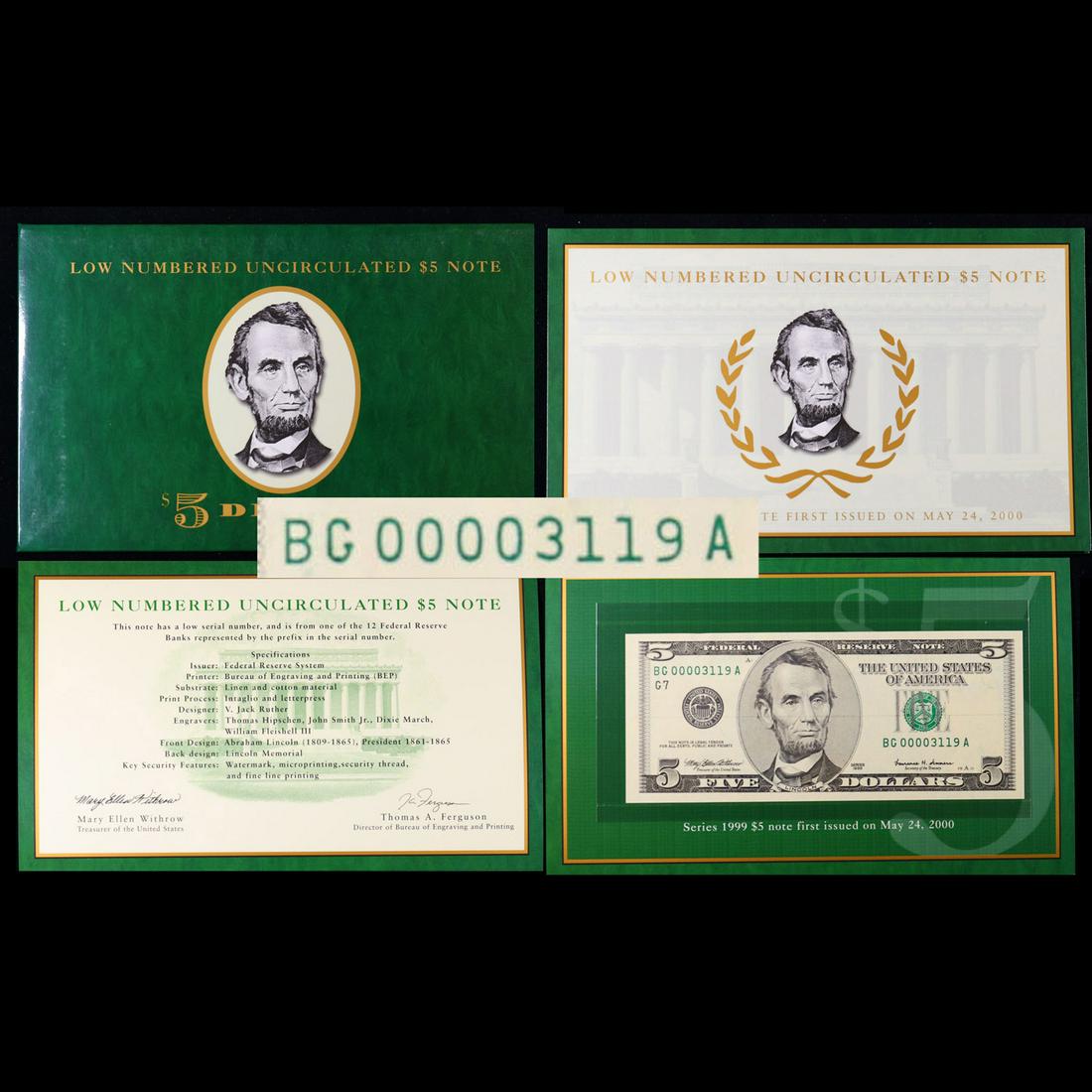 1999 $5 Federal Reserve Note, Low Numbered Uncirculated 2000 BEP Folio Issue Grades Gem CU (1 of 6)
