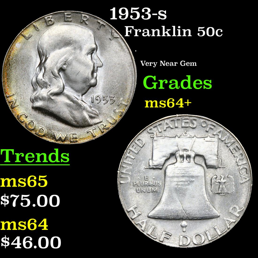 1953-s Franklin Half Dollar 50c Grades Choice+ Unc (1 of 3)