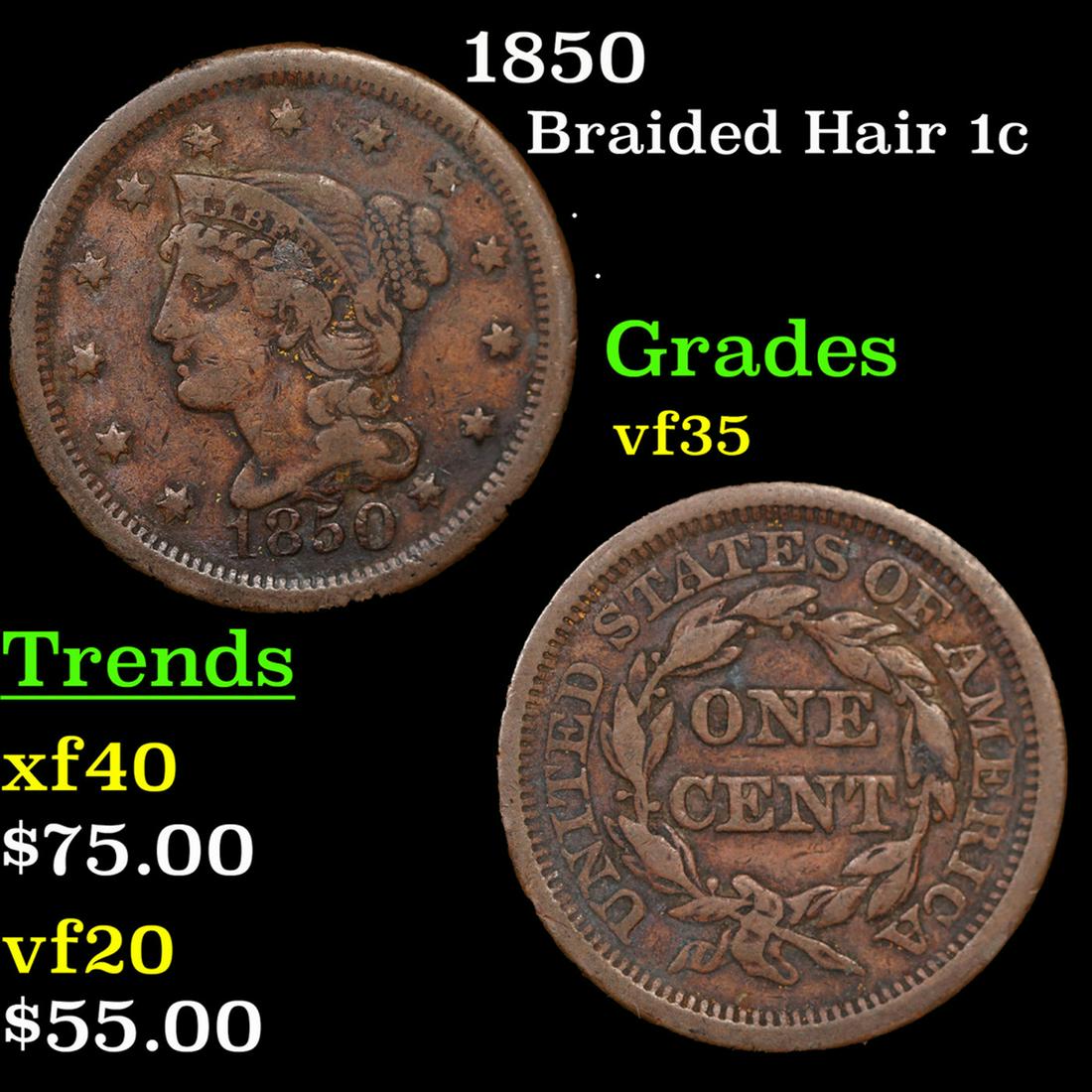 1850 Braided Hair Large Cent 1c Grades vf++ (1 of 3)