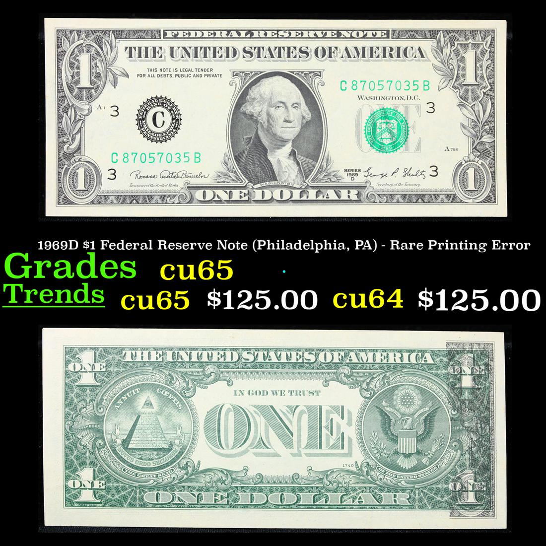 1969D $1 Federal Reserve Note (Philadelphia, PA) - Rare Printing Error Grades Gem CU (1 of 4)