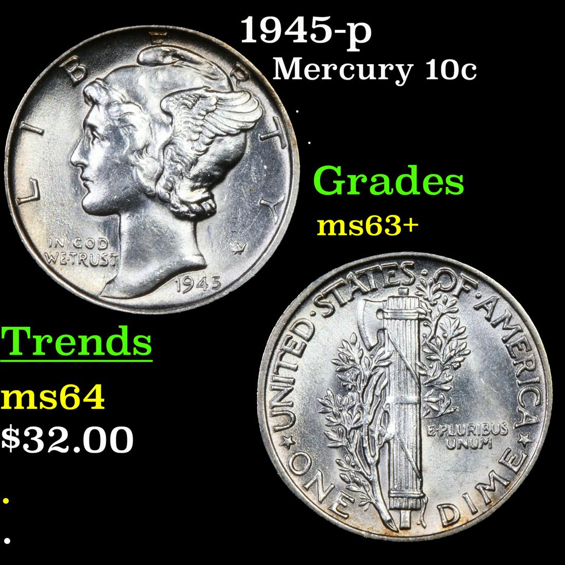 1945-p Mercury Dime 10c Grades Select+ Unc (1 of 3)
