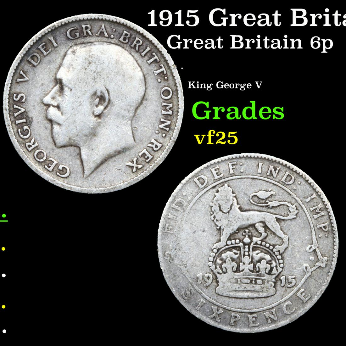 1915 Great Britain 6 Pence Silver Coin KM-815 Grades vf+: 1915 Great Britain 6 Pence Silver Coin KM-815 Grades vf+.
