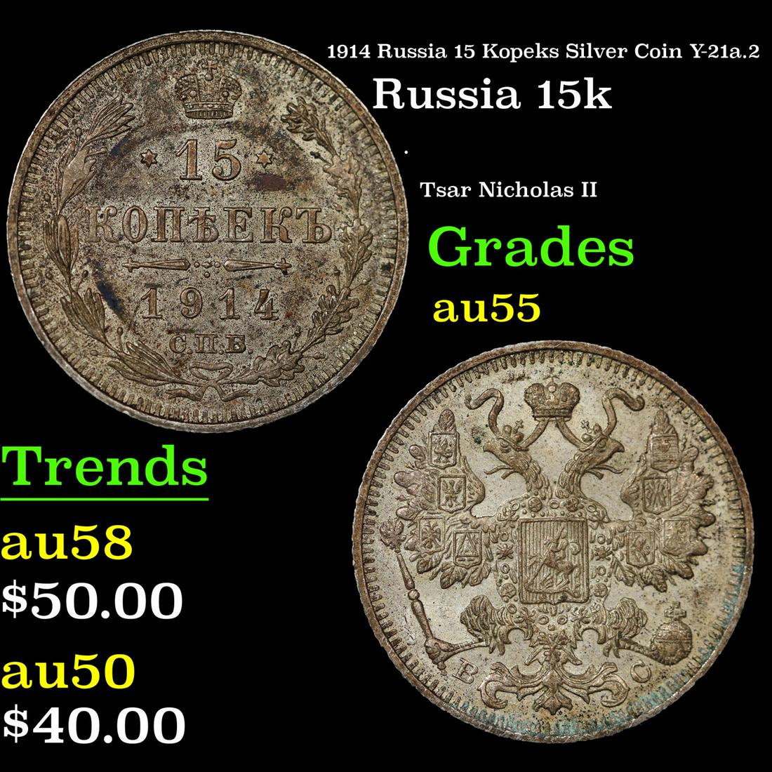 1914 Russia 15 Kopeks Silver Coin Y-21a.2 Grades Choice AU (1 of 3)