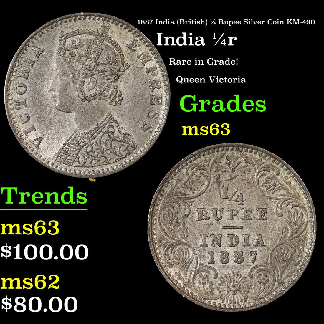 1887 India (British) 1/4 Rupee Silver Coin KM-490 Grades Select Unc (1 of 3)