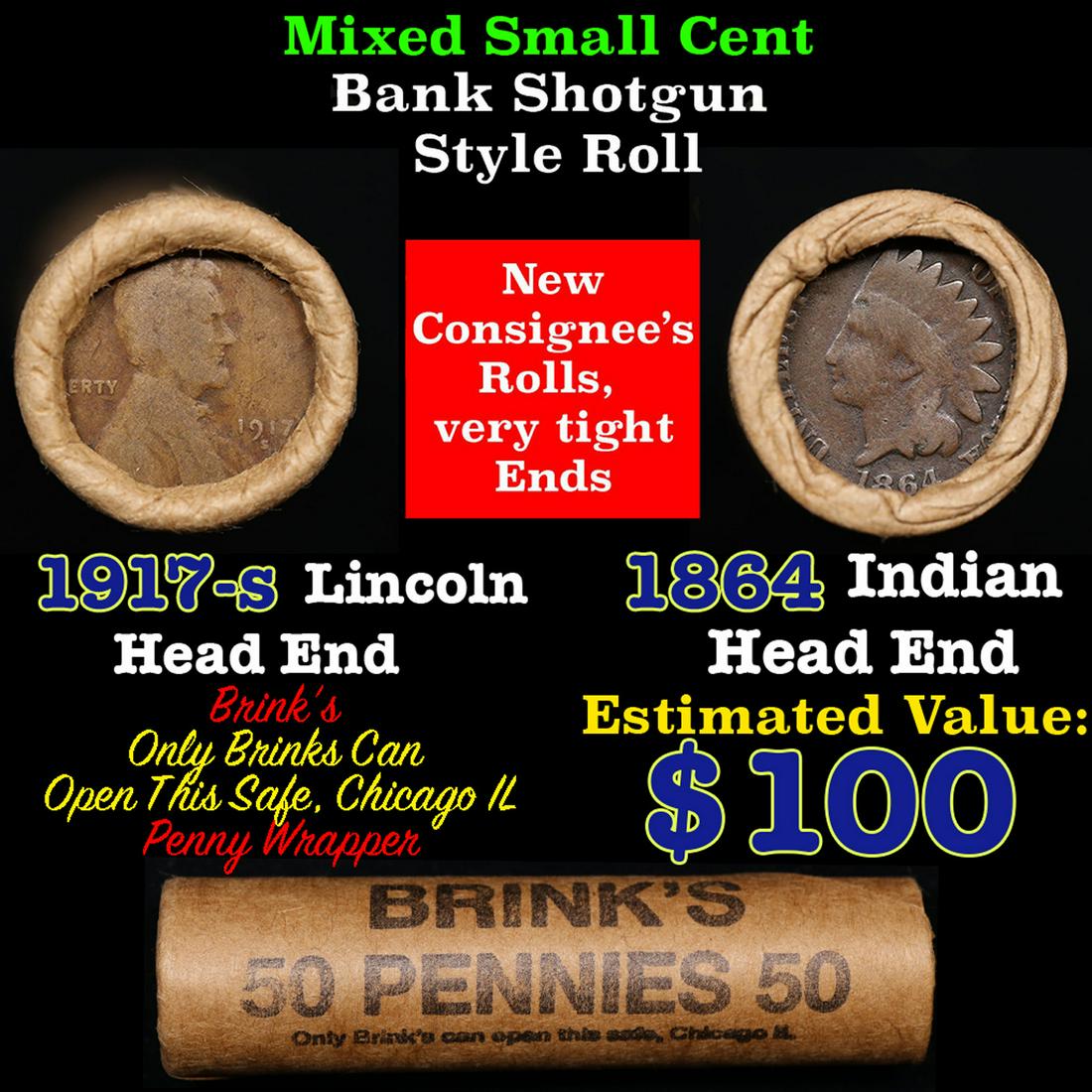 Mixed small cents 1c orig shotgun roll, 1917-s Wheat Cent, 1864 Indian Cent other end, Brinks (1 of 3)