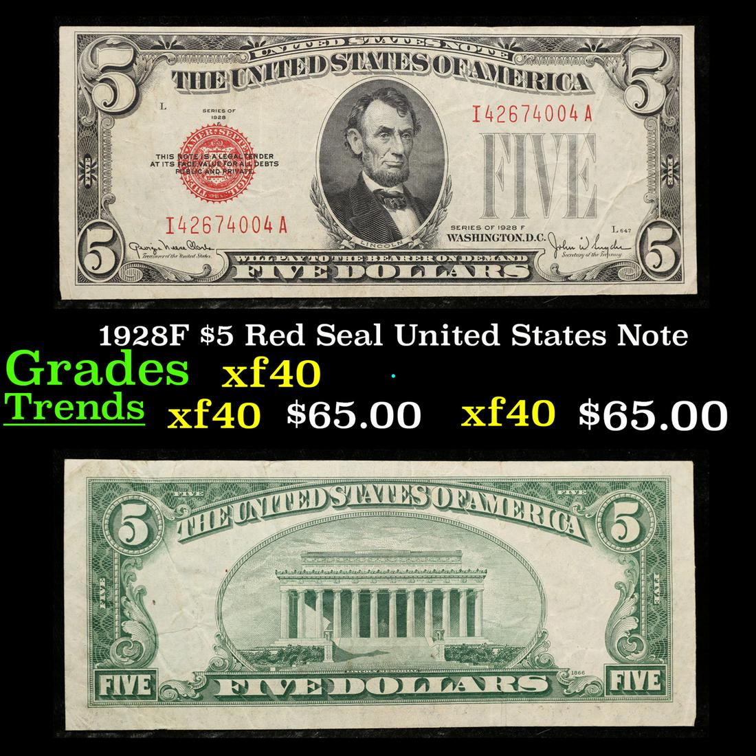 1928F $5 Red Seal United States Note Grades xf (1 of 3)