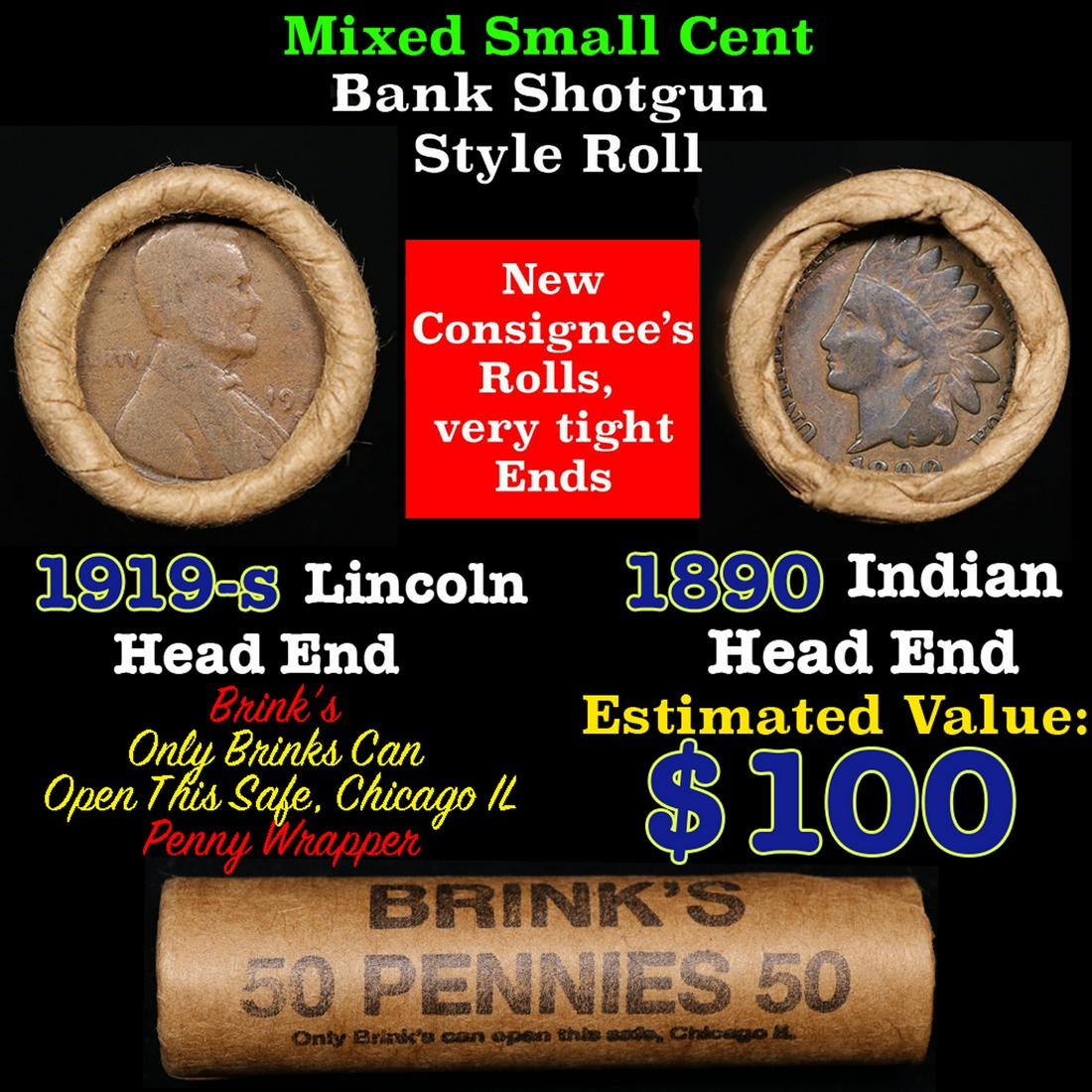 Mixed small cents 1c orig shotgun roll, 1919-s Wheat Cent, 1890 Indian Cent other end, Brinks (1 of 3)