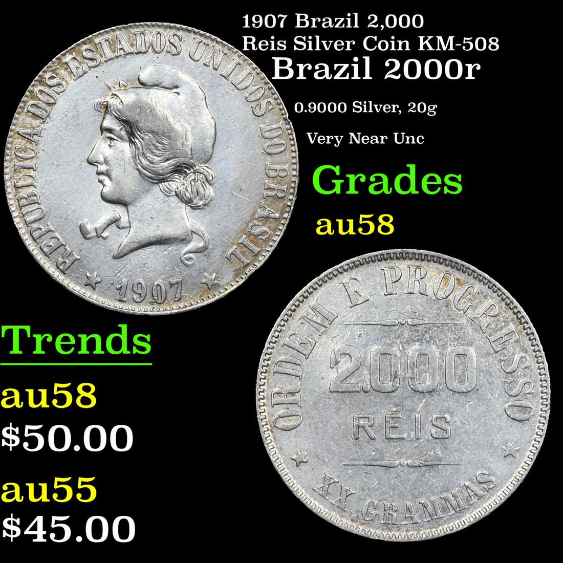 1907 Brazil 2,000 Reis Silver Coin KM-508 Grades Choice AU/BU Slider (1 of 3)