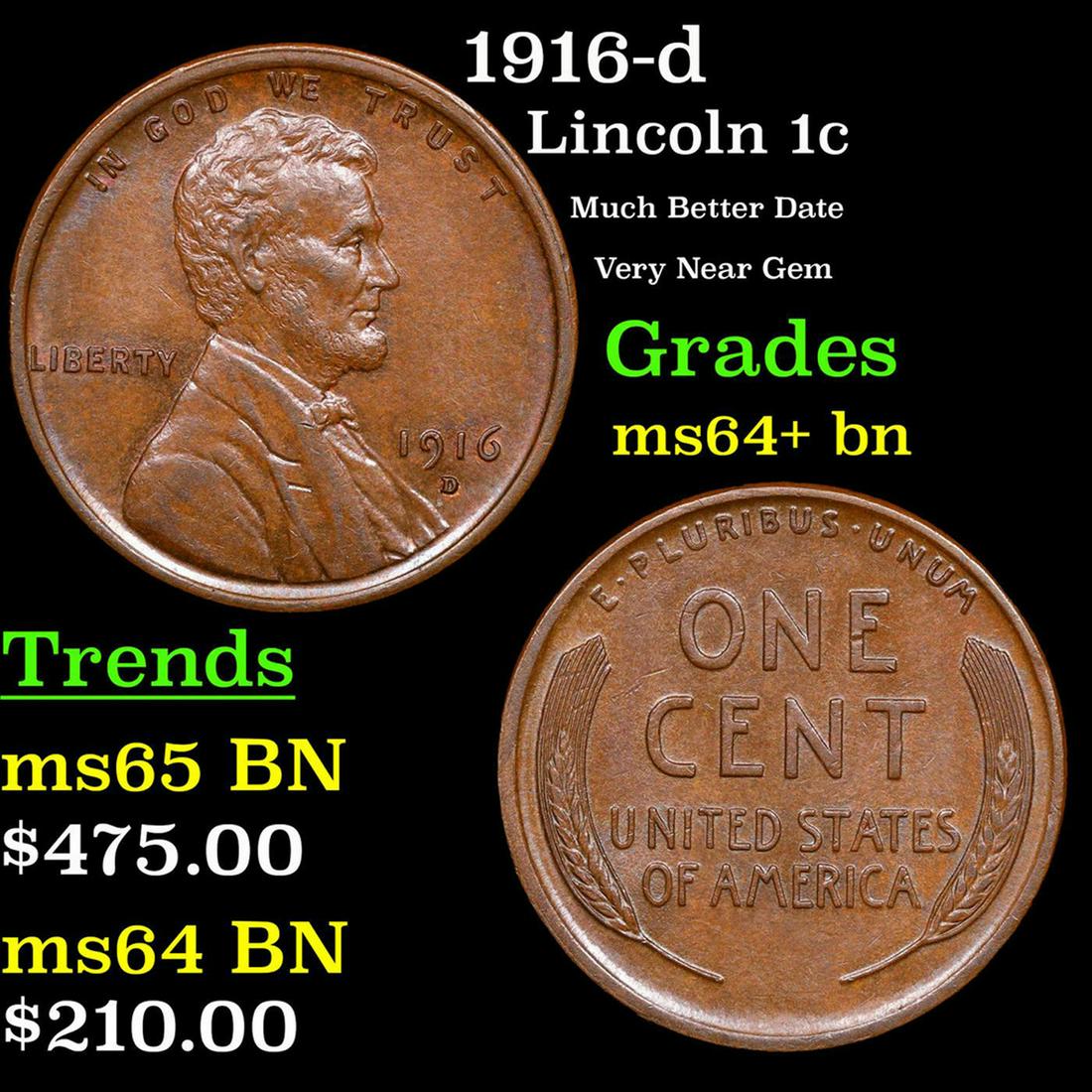 1916-d Lincoln Cent 1c Grades Choice+ Unc BN (1 of 3)