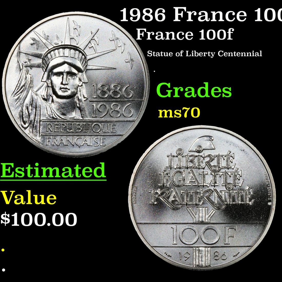 1986 France 100 Francs Piedfort Silver Coin Statue of Liberty KM-960 Grades ms70, Perfection: 1986 France 100 Francs Piedfort Silver Coin Statue of Liberty KM-960 Grades ms70, Perfection. In 1886, the people of France gifted to the American people a statue that has become known the world over