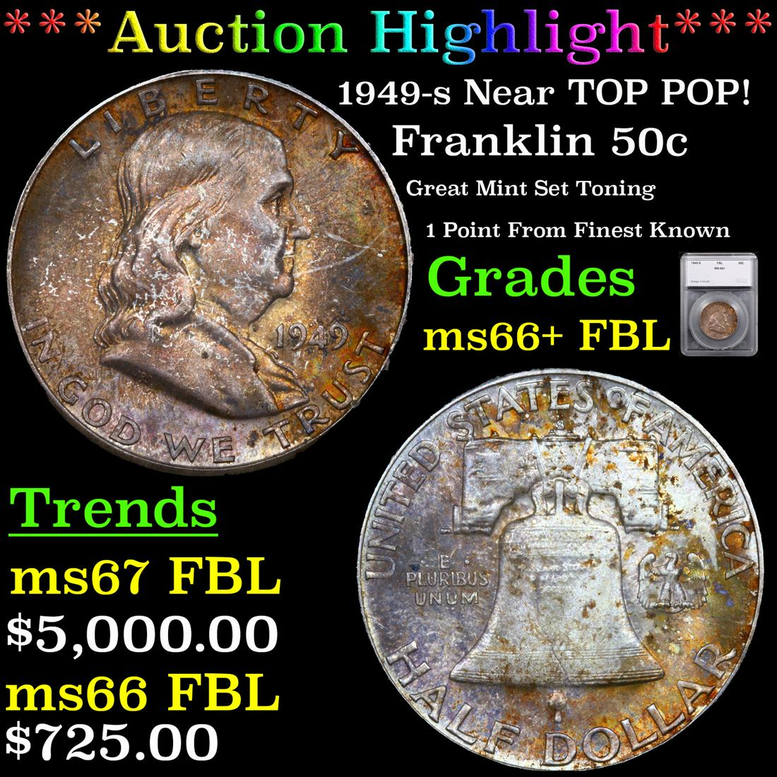 ***Auction Highlight*** 1949-s Franklin Half Dollar Near TOP POP! 50c Graded ms66+ FBL BY SEGS (fc) (1 of 5)
