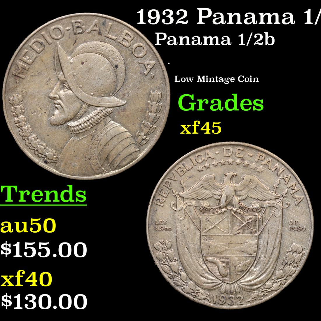 1932 Panama 1/2 Balboa Silver Coin KM-12.1 Grades xf+ (1 of 3)