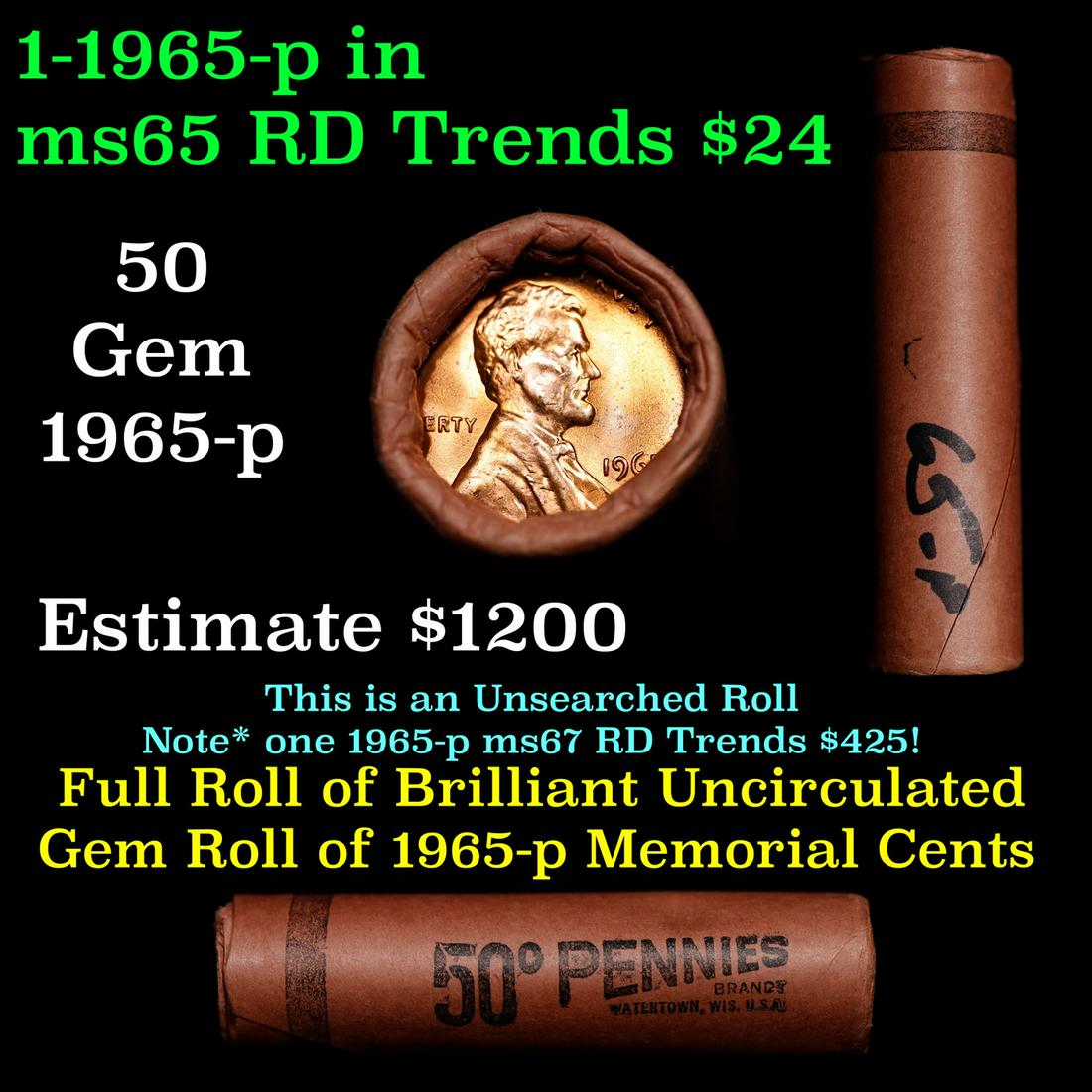 Shotgun Lincoln 1c roll, 1965-p 50 pcs Brandt Wrapper.: Shotgun Lincoln 1c roll, 1965-p 50 pcs Brandt Wrapper.. A terrific Shotgun roll of Lincoln cents. Most if not all coin should be cherry red. Trends ms65 rd $24