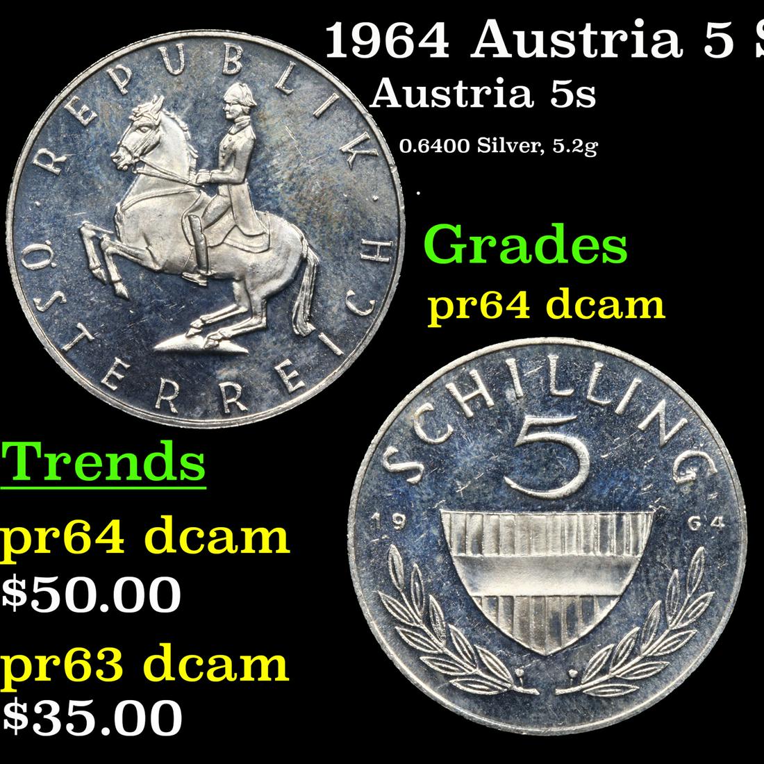 Proof 1964 Austria 5 Schilling Silver Proof KM-2889 Grades Choice Proof Deep Cameo (1 of 3)