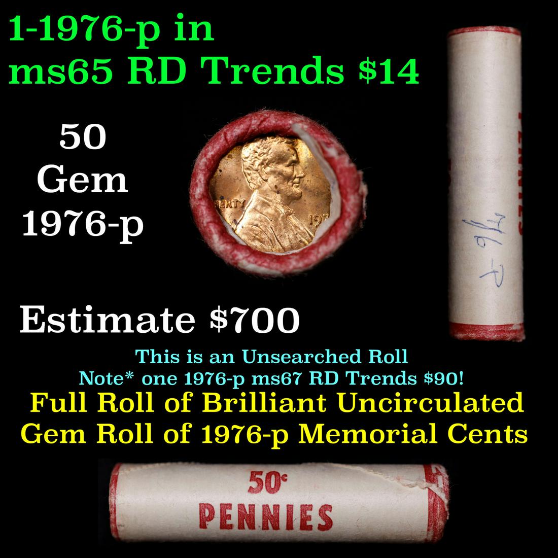 Shotgun Lincoln 1c roll, 1976-p 50 pcs Wrapper.: Shotgun Lincoln 1c roll, 1976-p 50 pcs Wrapper.. A terrific Shotgun roll of Lincoln cents. Most if not all coin should be cherry red. Trends ms65 rd $14