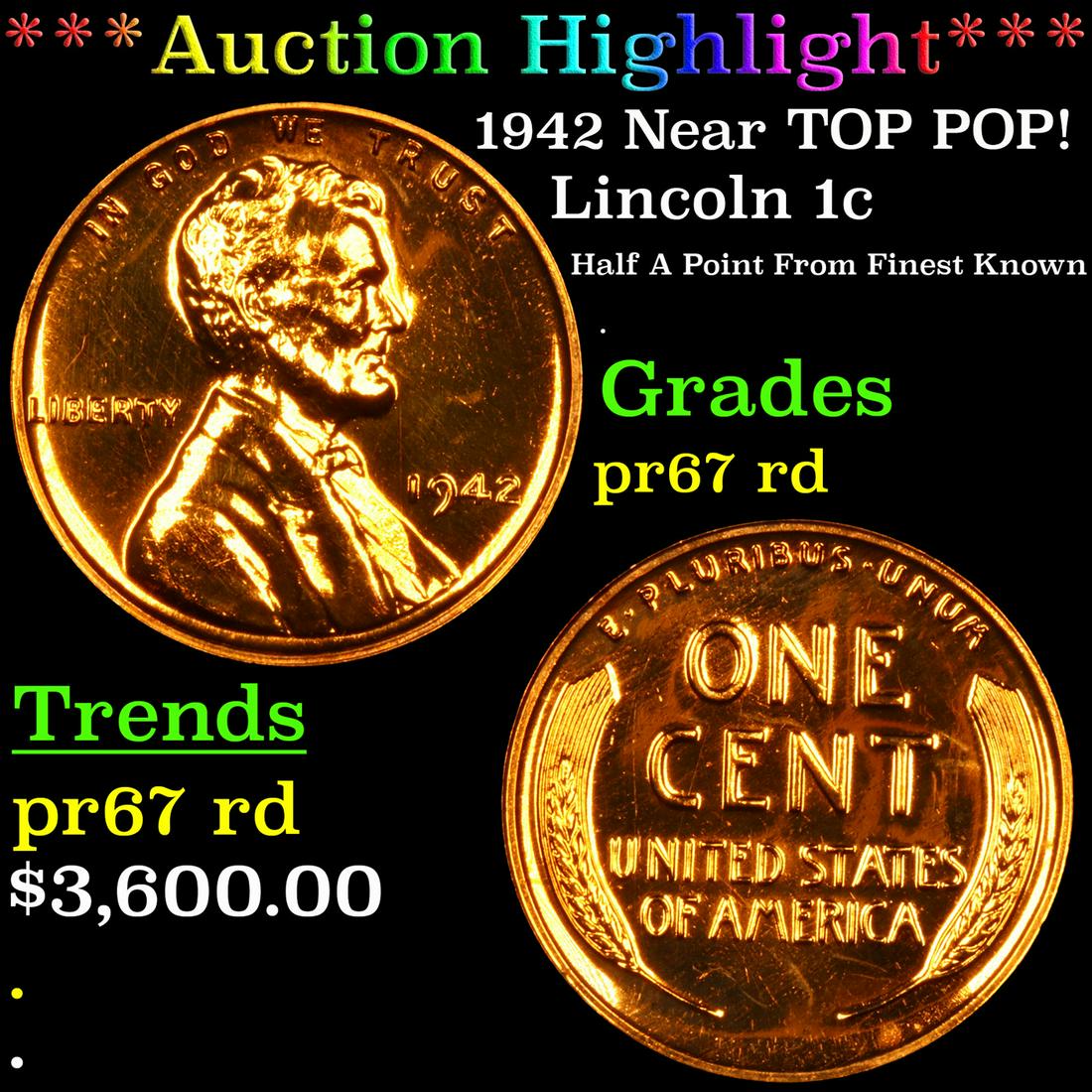 Proof ***Auction Highlight*** 1942 Lincoln Cent Near TOP POP! 1c Graded pr67 rd BY SEGS (fc) (1 of 7)