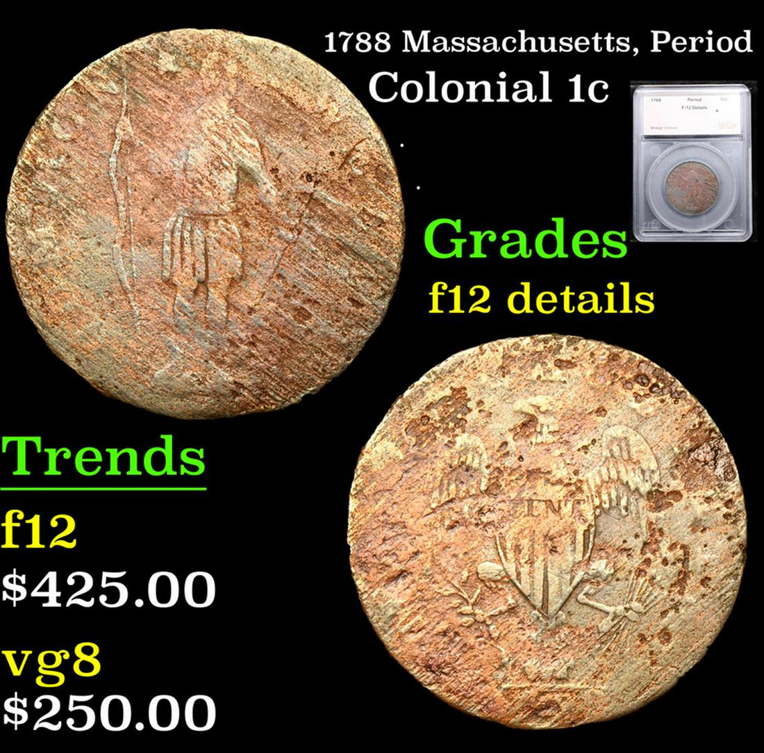 1788 Massachusetts, Period Colonial Cent 1c Graded f12 details By SEGS (1 of 5)