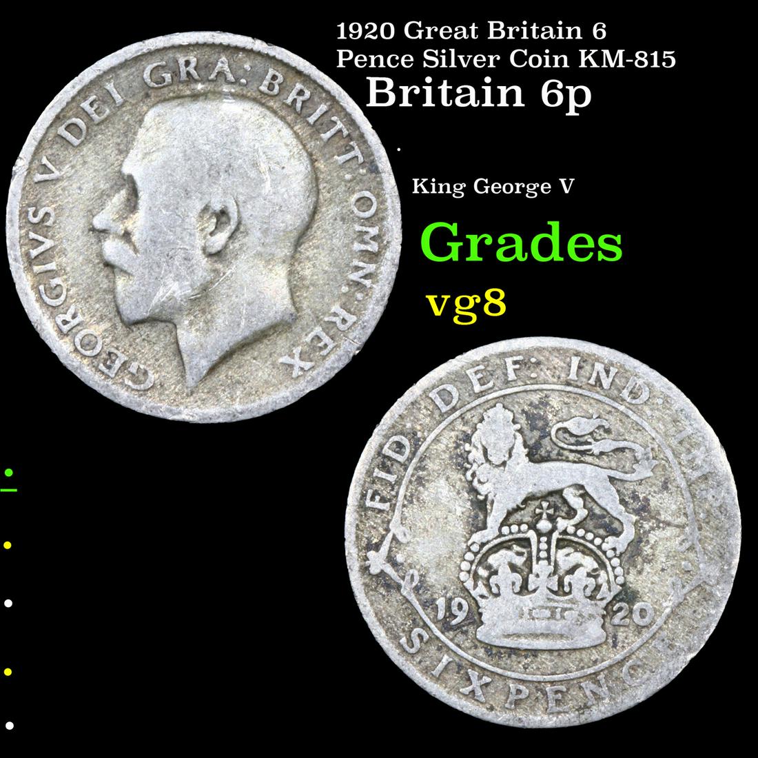 1920 Great Britain 6 Pence Silver Coin KM-815 Grades vg, very good: 1920 Great Britain 6 Pence Silver Coin KM-815 Grades vg, very good.