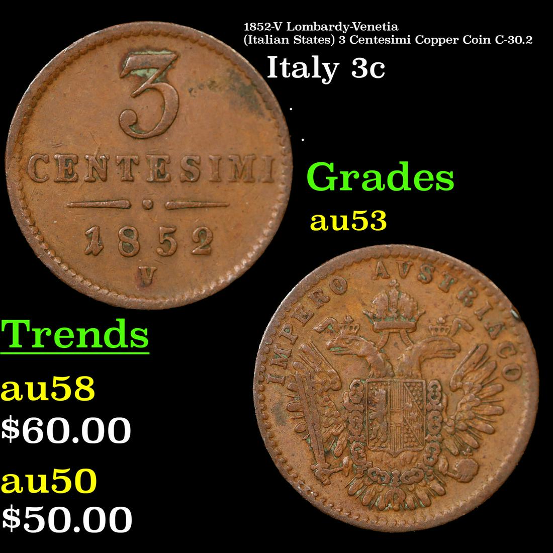 1852-V Lombardy-Venetia (Italian States) 3 Centesimi Copper Coin C-30.2 Grades Select AU (1 of 3)